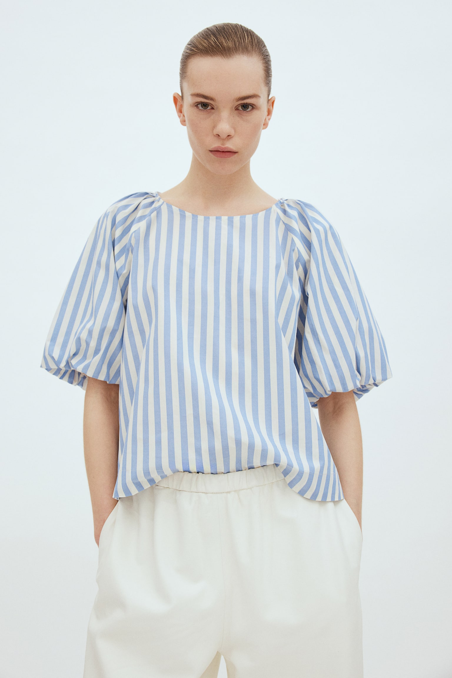 Puff Sleeve Blouse - Light blue/Stripe/White - 3