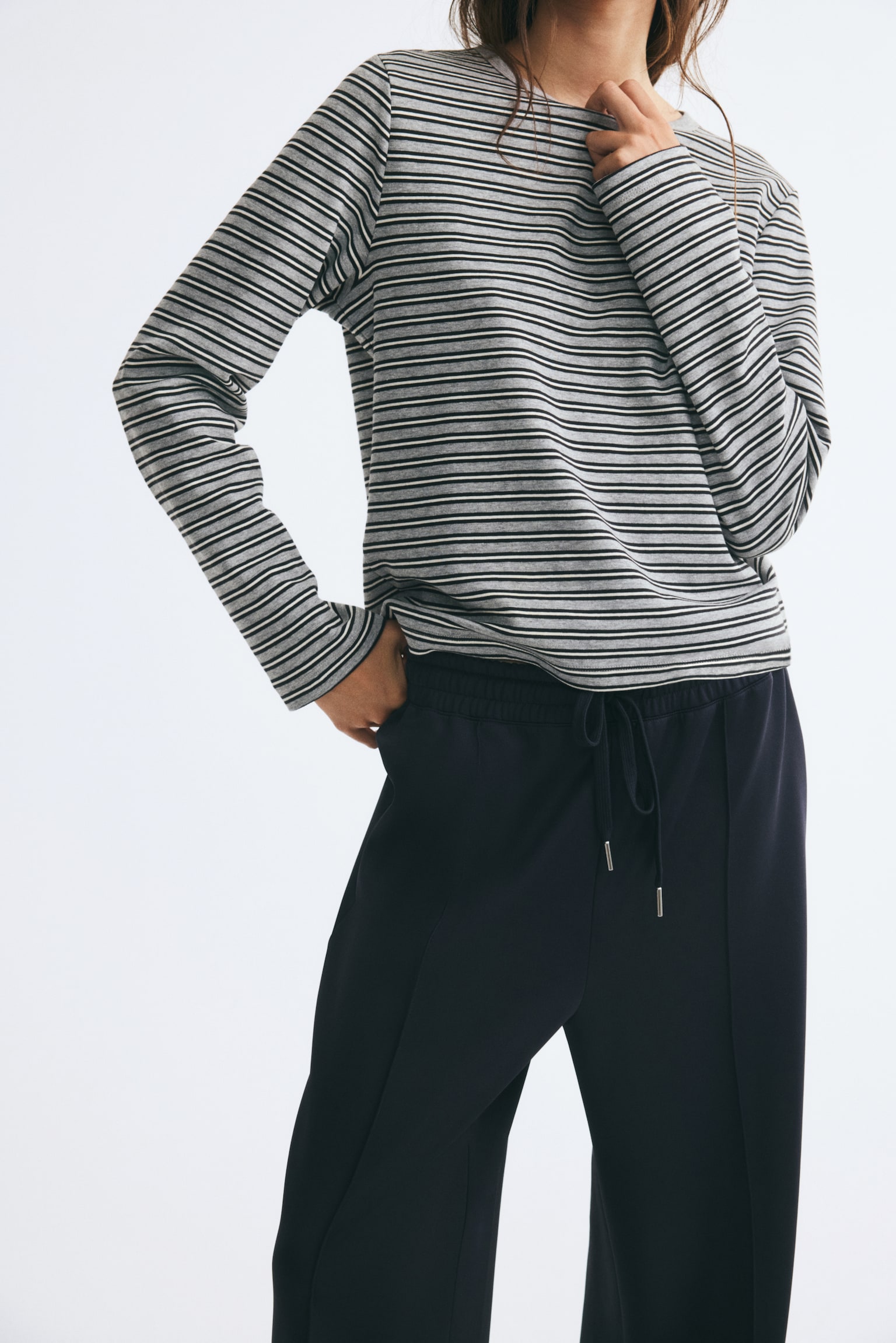 Женский топ H&M Long-Sleeved Jersey, цвет: Серый меланжевый / Полосатый — фото 3