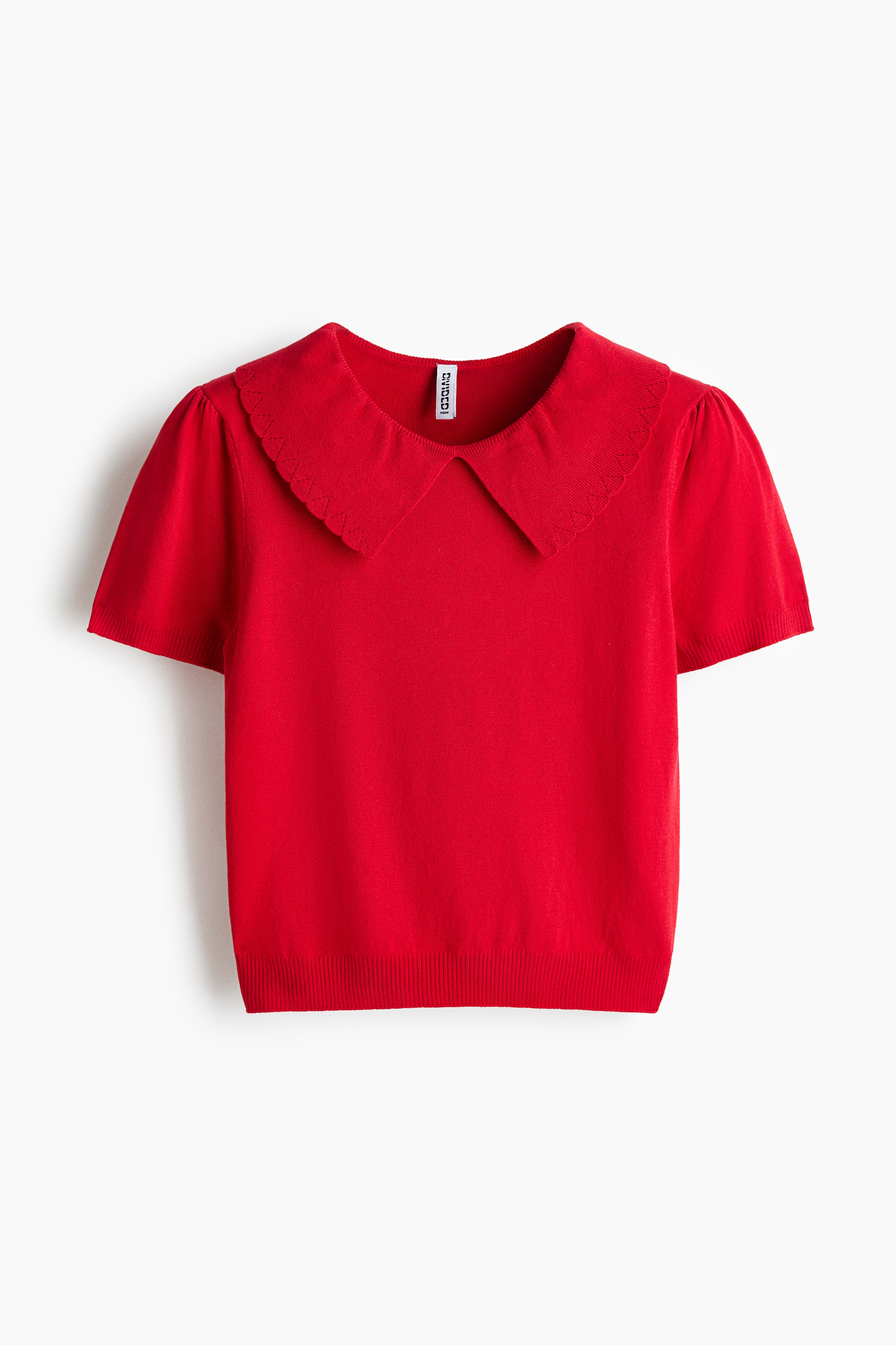 パフスリーブ ファインニットトップス - レッド/クリーム