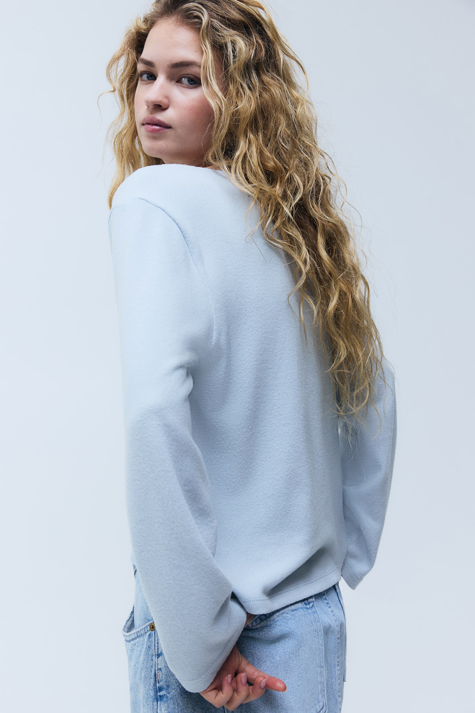 Lace-trimmed knitted top - Light blue/Dark brown/White - 4