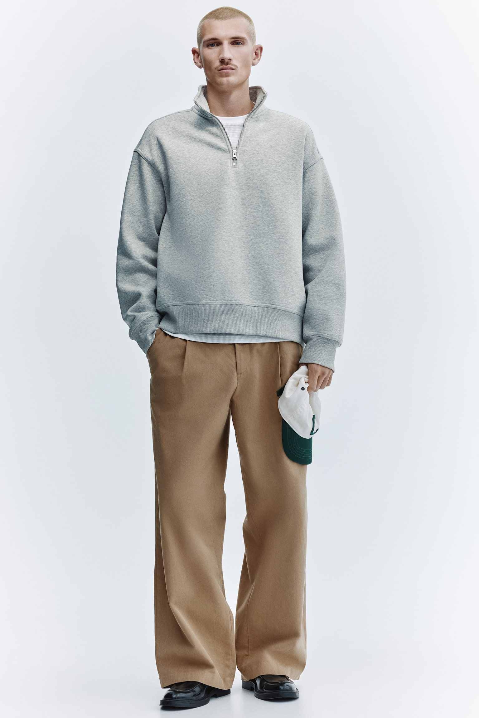 寬鬆剪裁拉鍊運動衫 - 混灰色/黑色/白色/卡其綠/深梅紫色 - 3