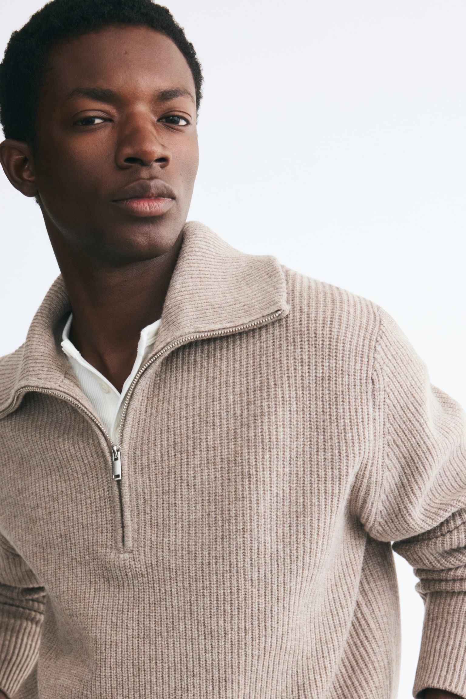 Мужской свитер H&M Regular-Fit Half-Zip Wool, цвет: Бежевый — фото 3