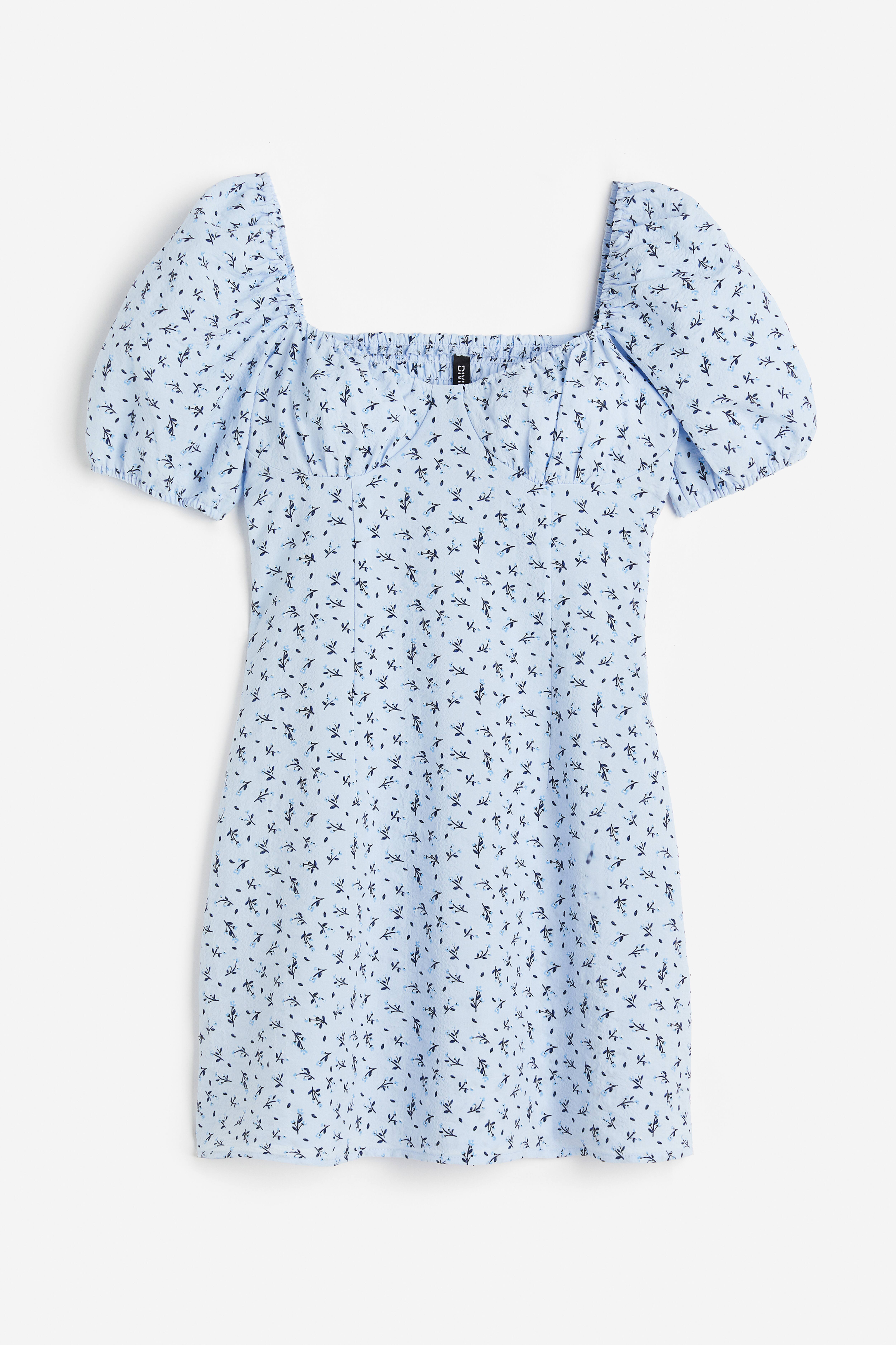 Puff-sleeved Crêped Dress - Sweetheart Neckline - Short sleeve - Light blue/floral  - Ladies | H&M US