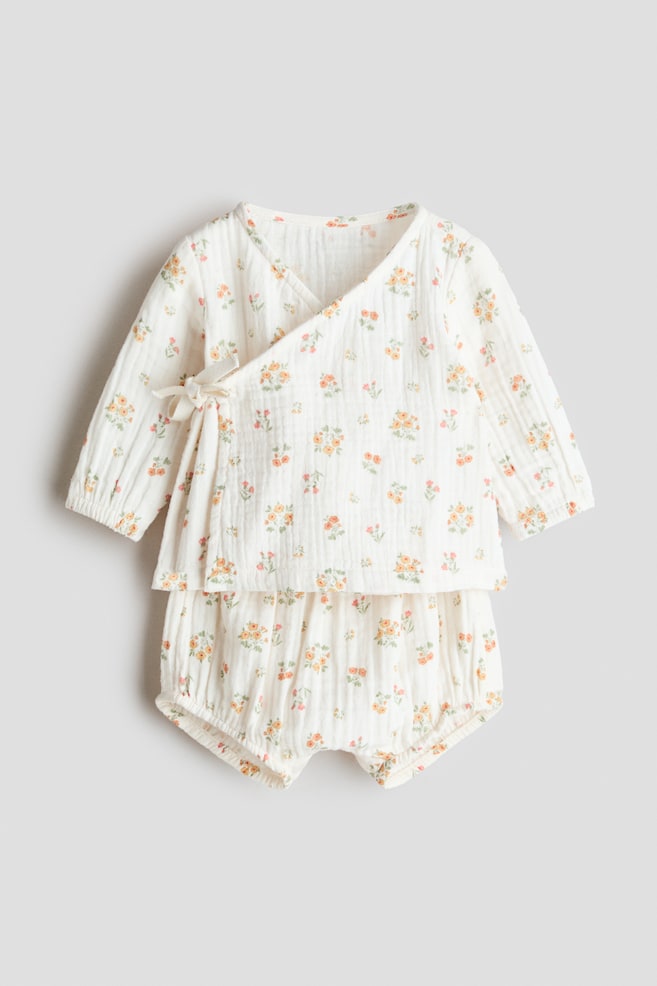 2-piece wrapover muslin set - White/Floral - 1