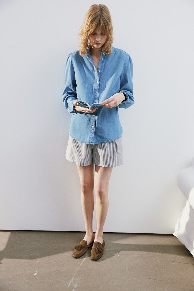 Frill-trimmed denim blouse - Light denim blue - 1