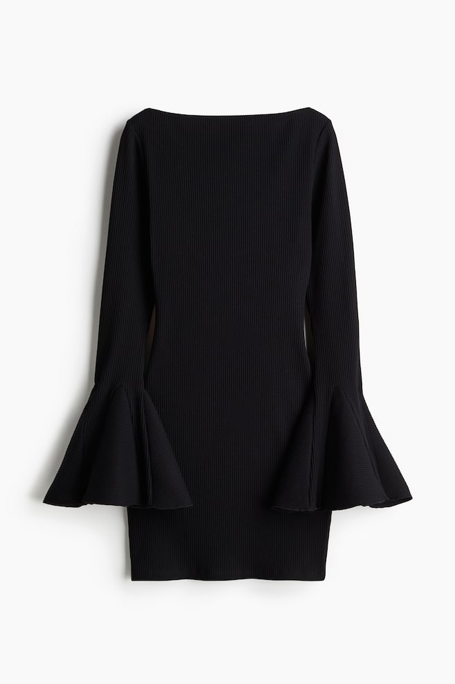 Trumpet-sleeved ribbed dress - Black/Cream/Striped - 1