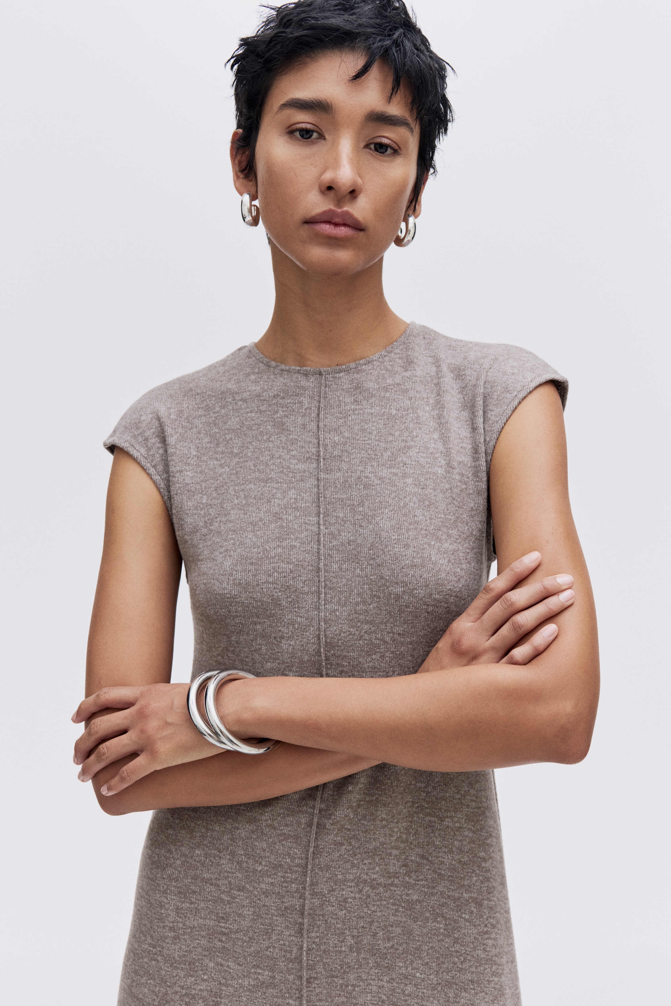 Cap-Sleeved Jersey Dress - Taupe melange