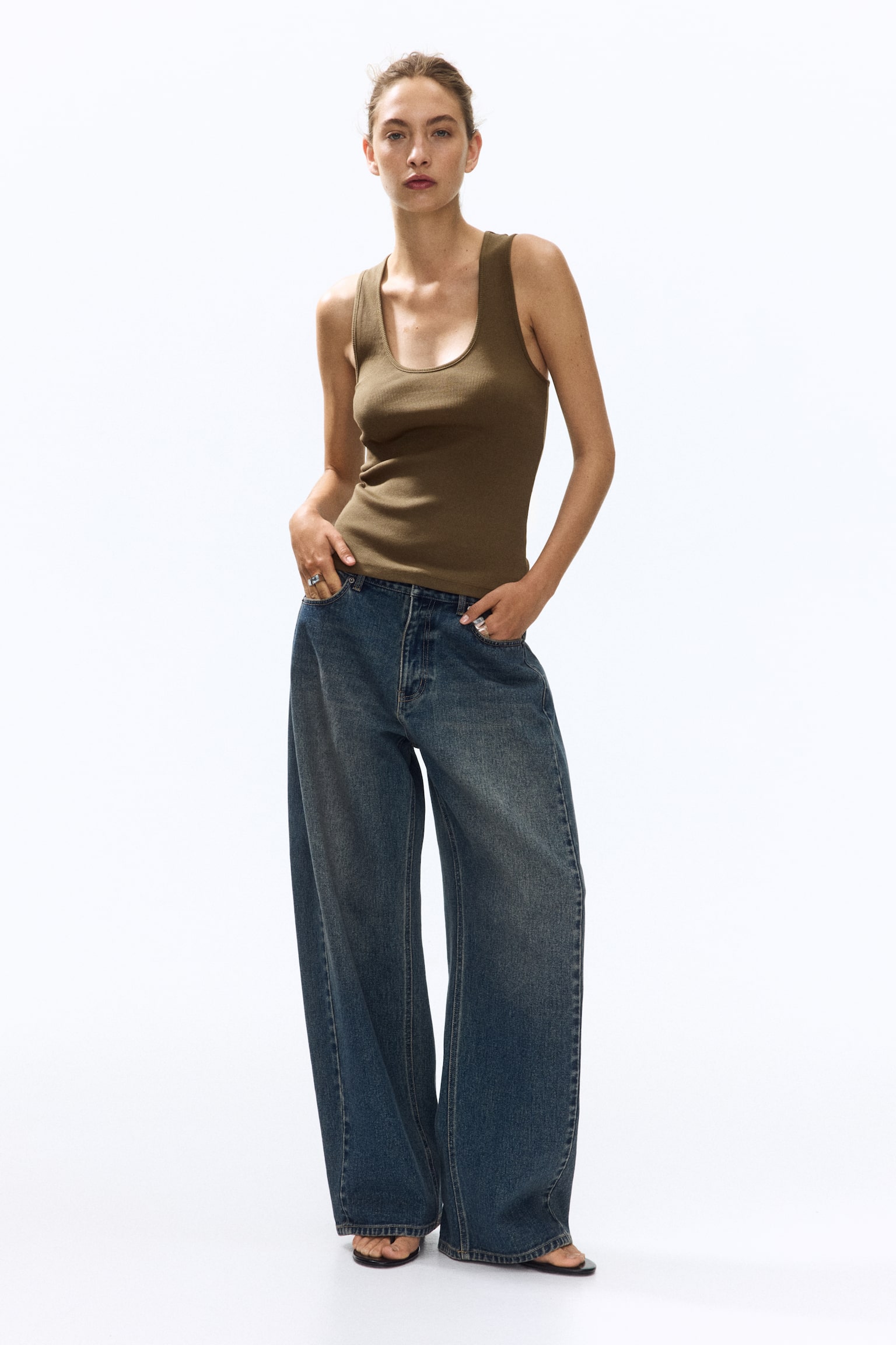 Silk-blend ribbed vest top - Dark khaki green/White - 1