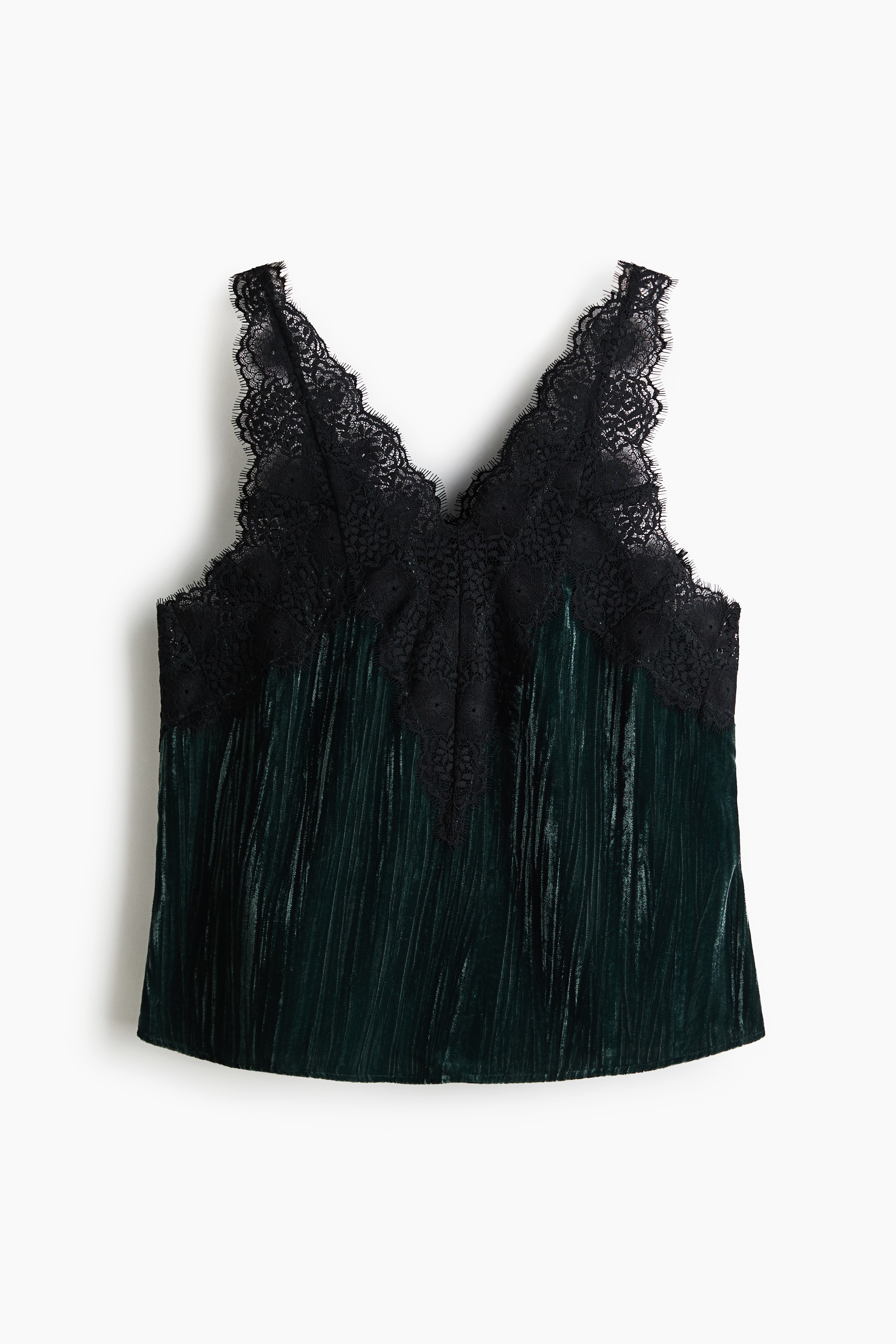 Top din catifea cu bordură de dantelă - Verde-închis