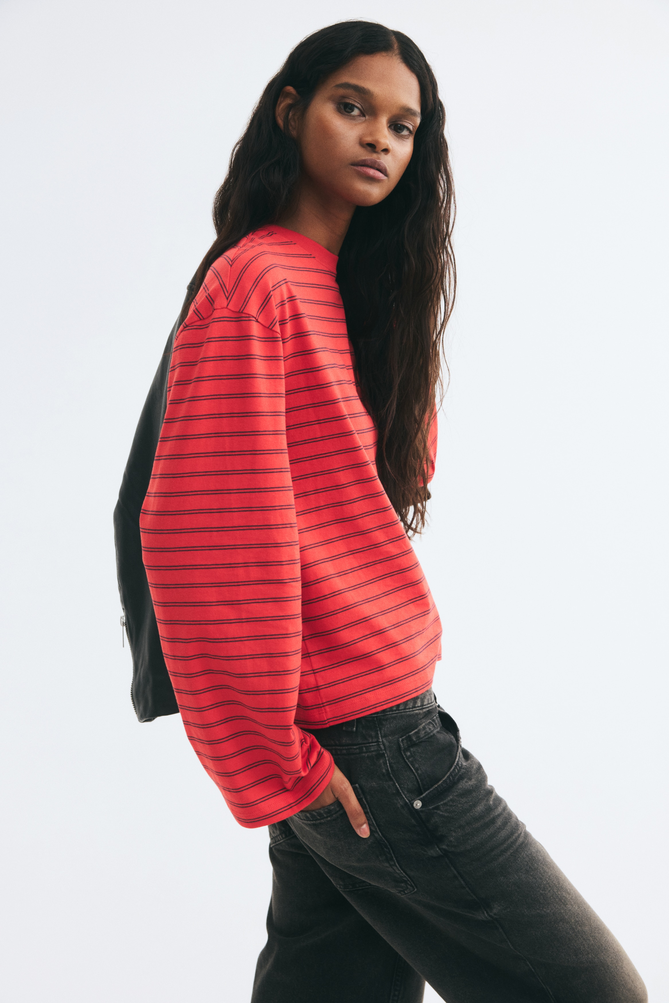 長袖コットントップス - レッド／ストライプ - レディース | H&M JP