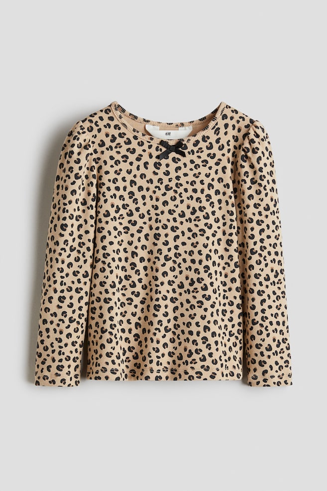 Picot-trimmed jersey top - Beige/Leopard print/Cream/Spotted - 1