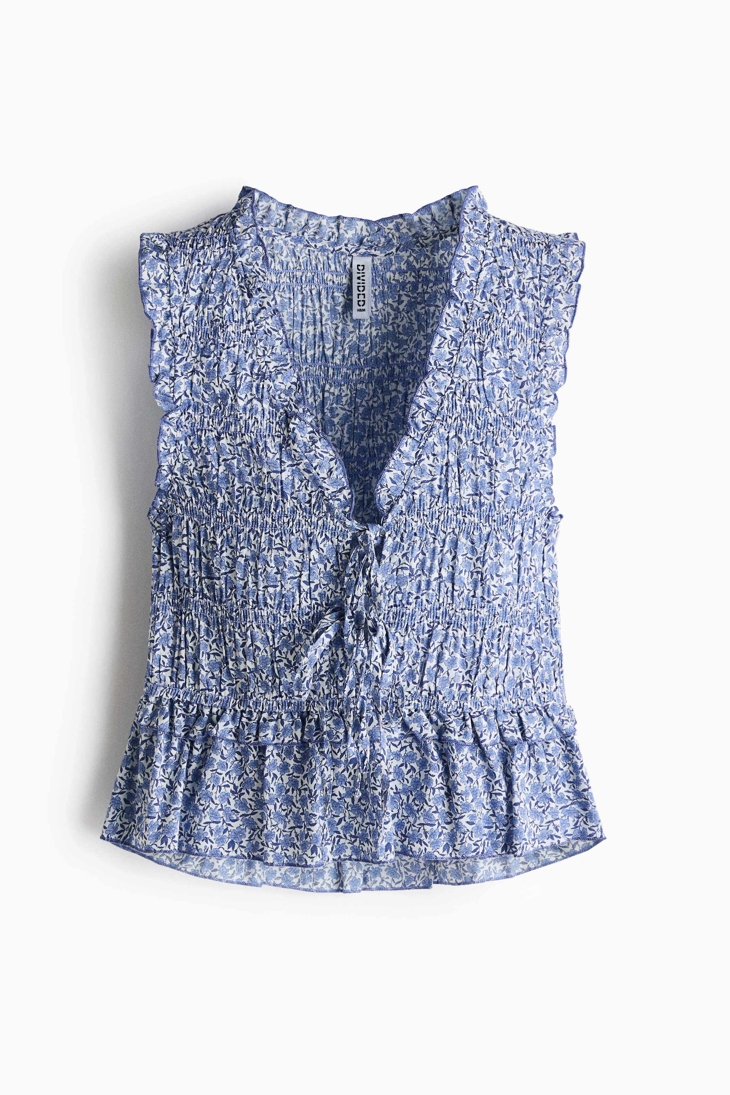 Tie-Detail Smocked Top - Blue/floral/Black/dotted/Cream