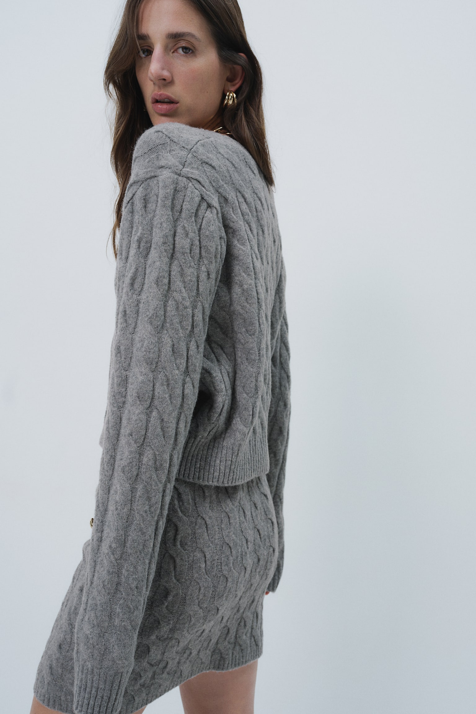 Cable-knit cardigan - Grey marl/Dark khaki green - 4