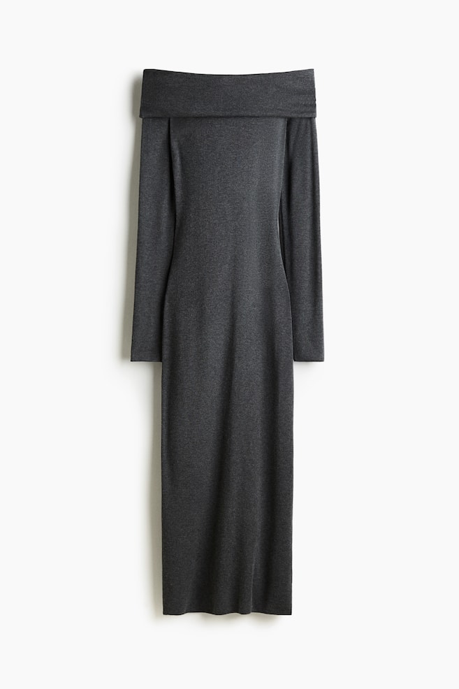 A dark gray heathered midi dress is presenting a front view, featuring an off-the-shoulder neckline with a wide, folded band, long sleeves, and a fitted silhouette. - 1