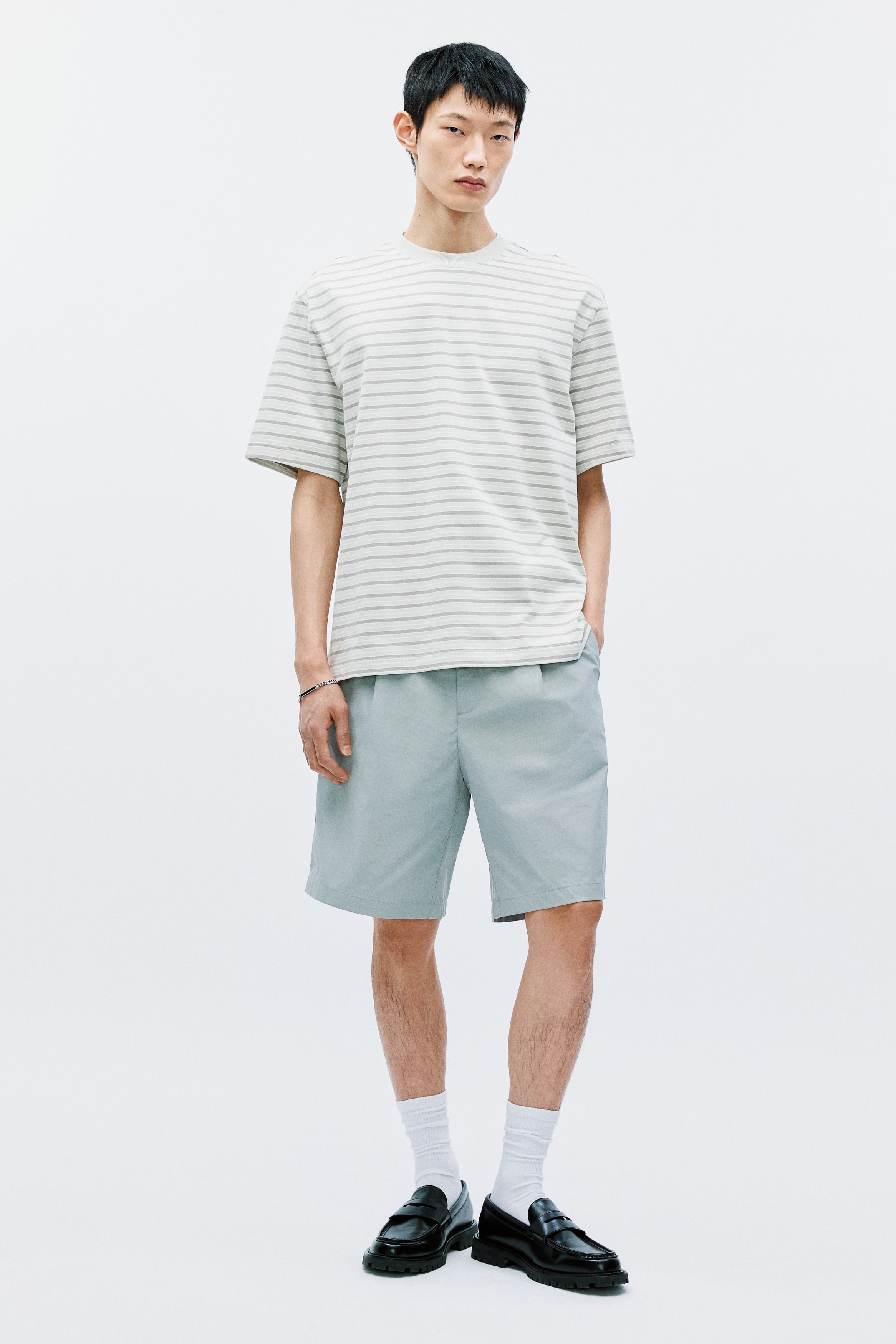 Loose Fit Cotton T-shirt - Light green/Striped/White