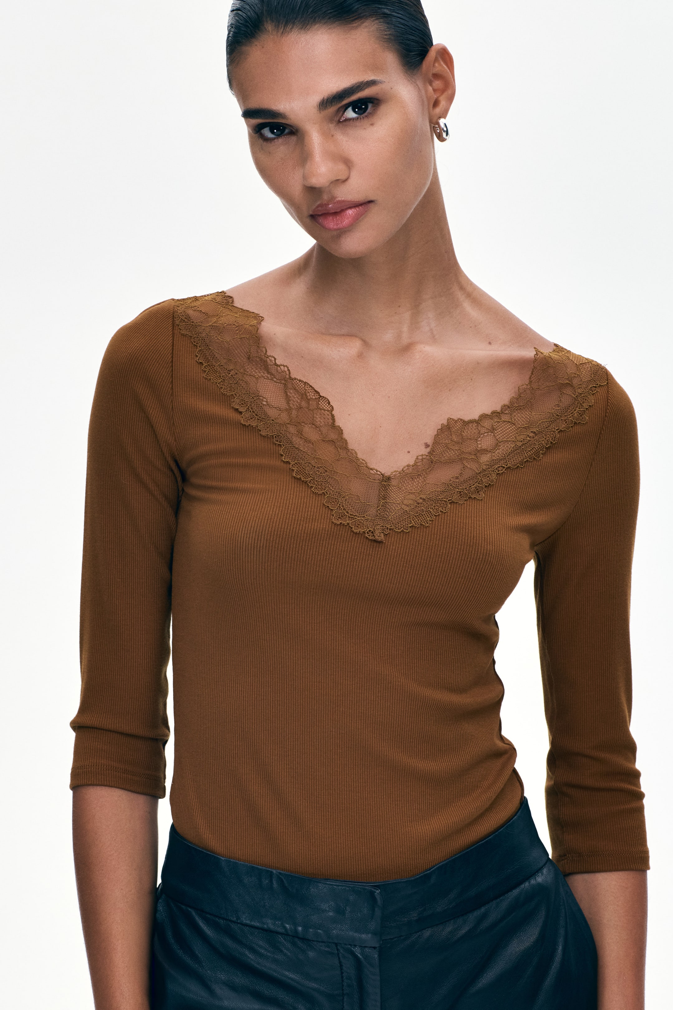 View larger image: Lace Trim Rib Knit Top - Brown - Ladies | H&M AU 1