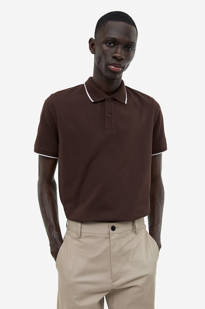 Slim Fit Cotton polo shirt - Dark brown/White/Yellow - 1