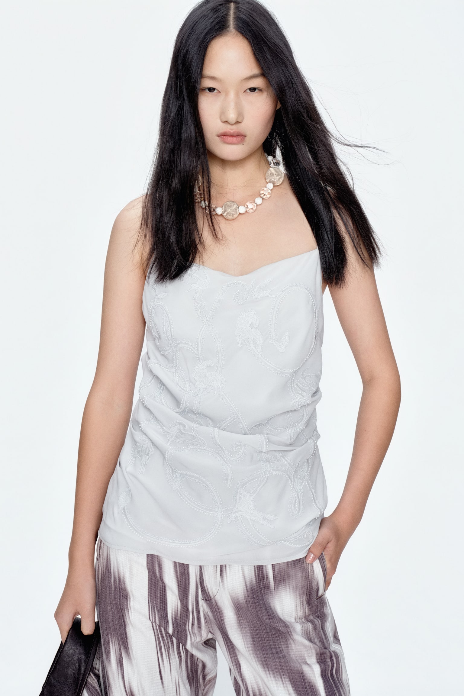 Bead-Embroidered Camisole Top - Light gray - 2