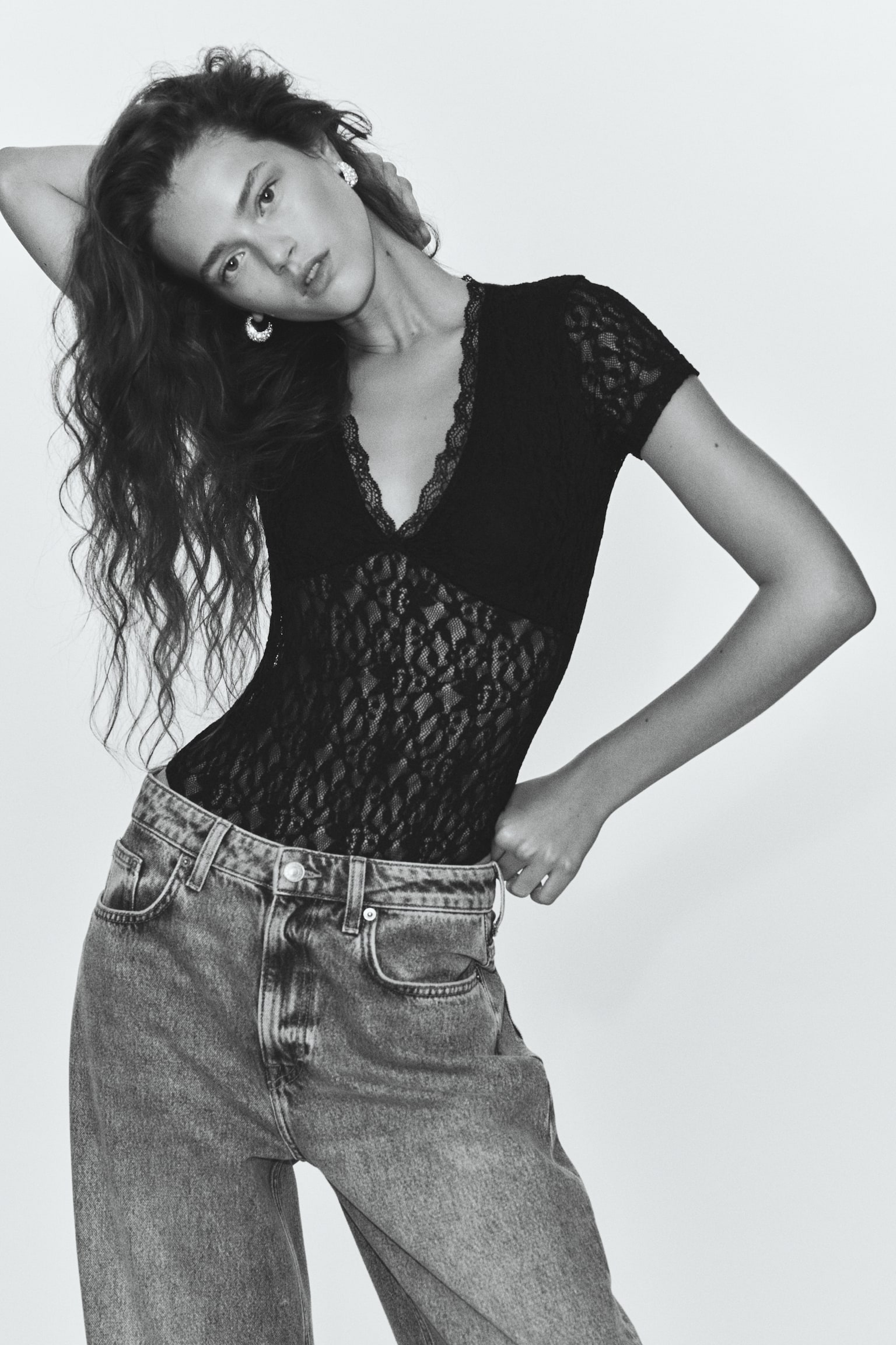 Боди Short-Sleeved, кружево — H&M, цвет: Чёрный — фото 3