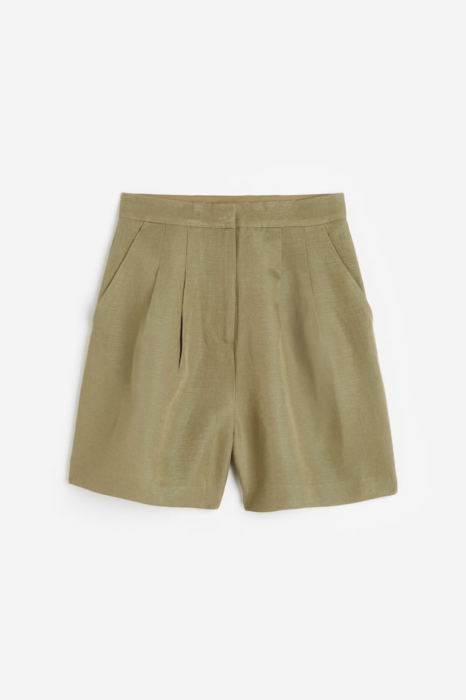 Linen-blend shorts - Khaki green/Light beige/White - 2