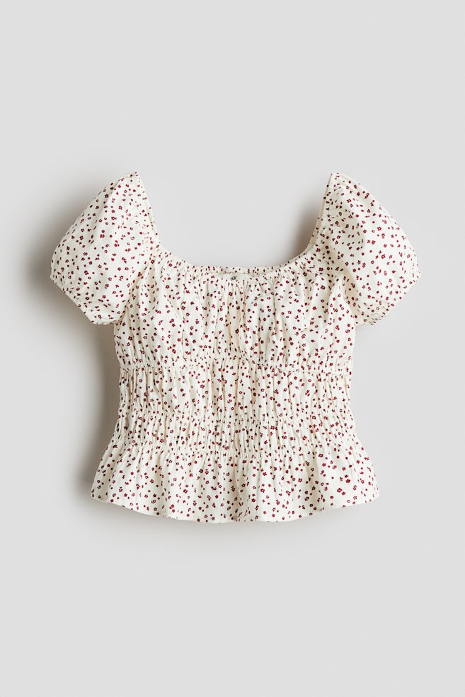 Blouse smockée en coton - Crème/fleuri/Blanc - 1