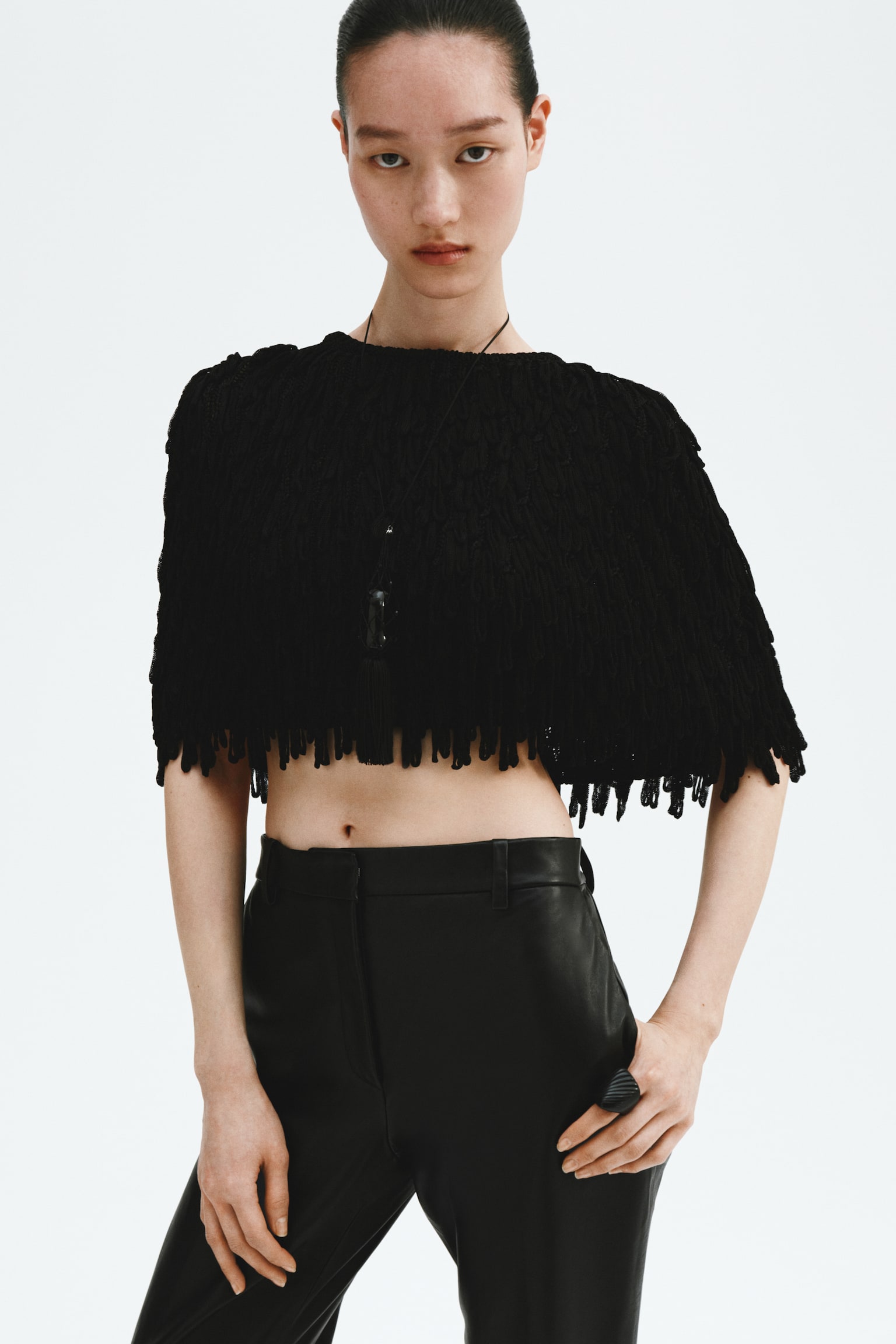 Fringed rib-knit cape - Black - 6