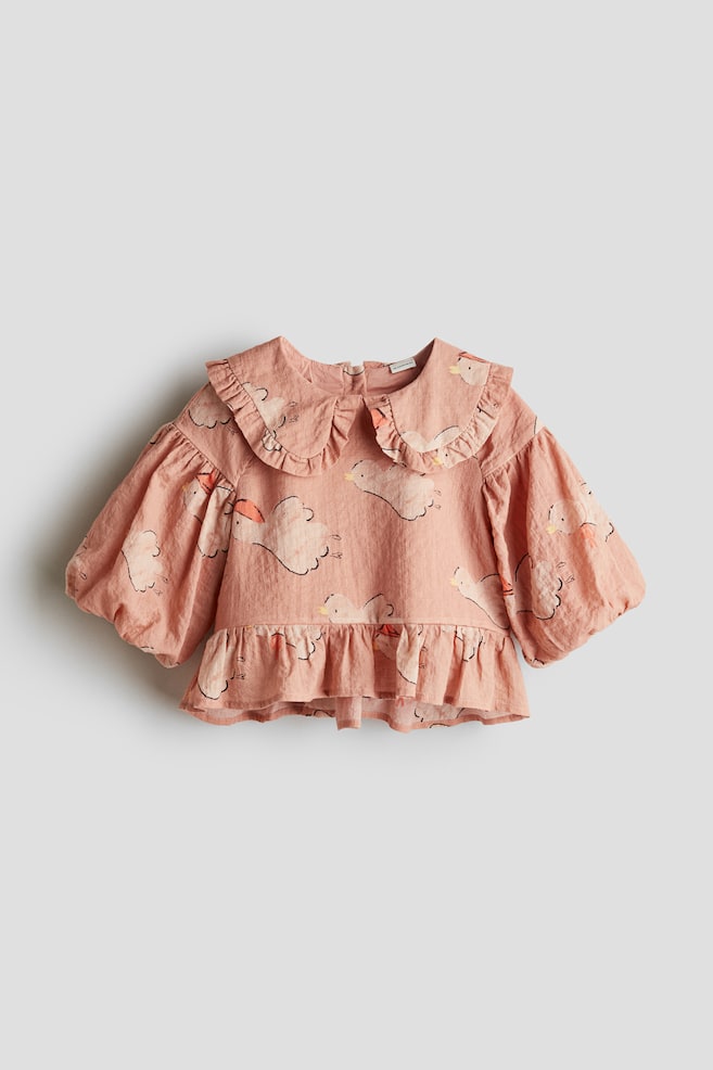 Puff-Sleeve Seersucker Blouse - Dark peach/birds - 1