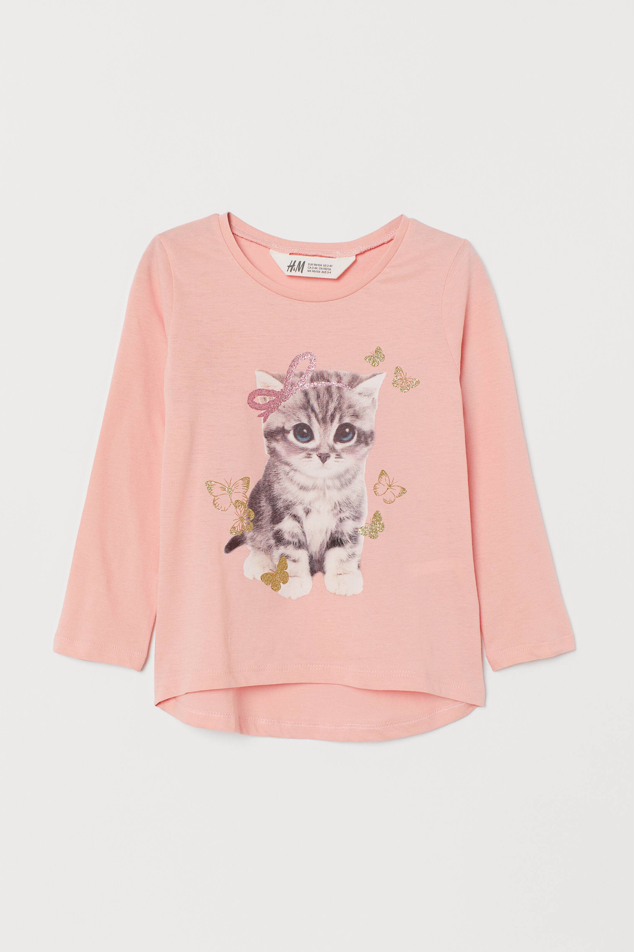 Shirt mit Druck - Rundausschnitt - Langarm - Hellrosa/Katze - Kids  