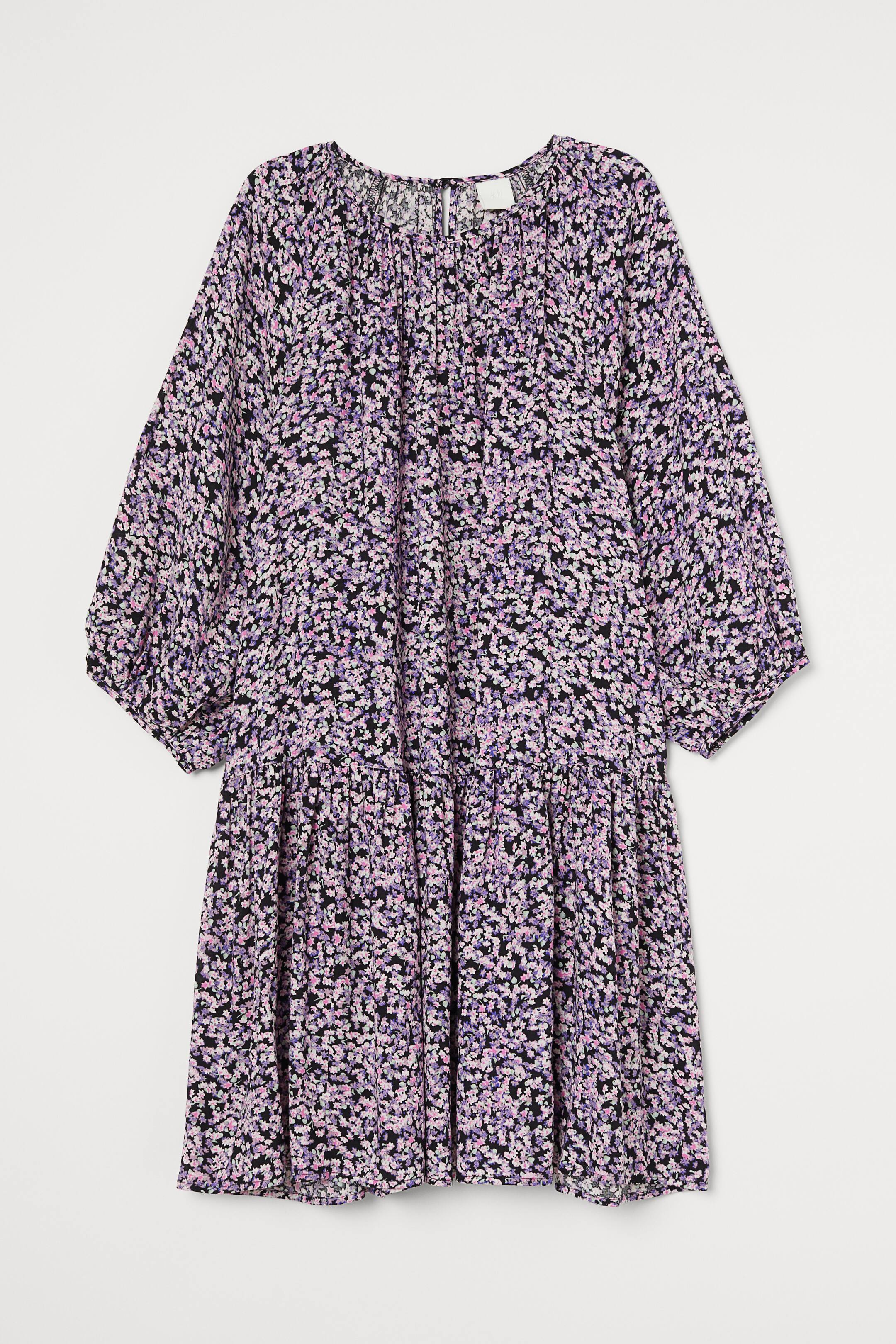 Balloon-sleeved dress - Round neck - 3/4 sleeve - Black/Purple floral ...