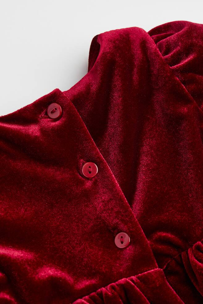 Puff-sleeved velour dress - Dark red/Natural white/Checked - 3