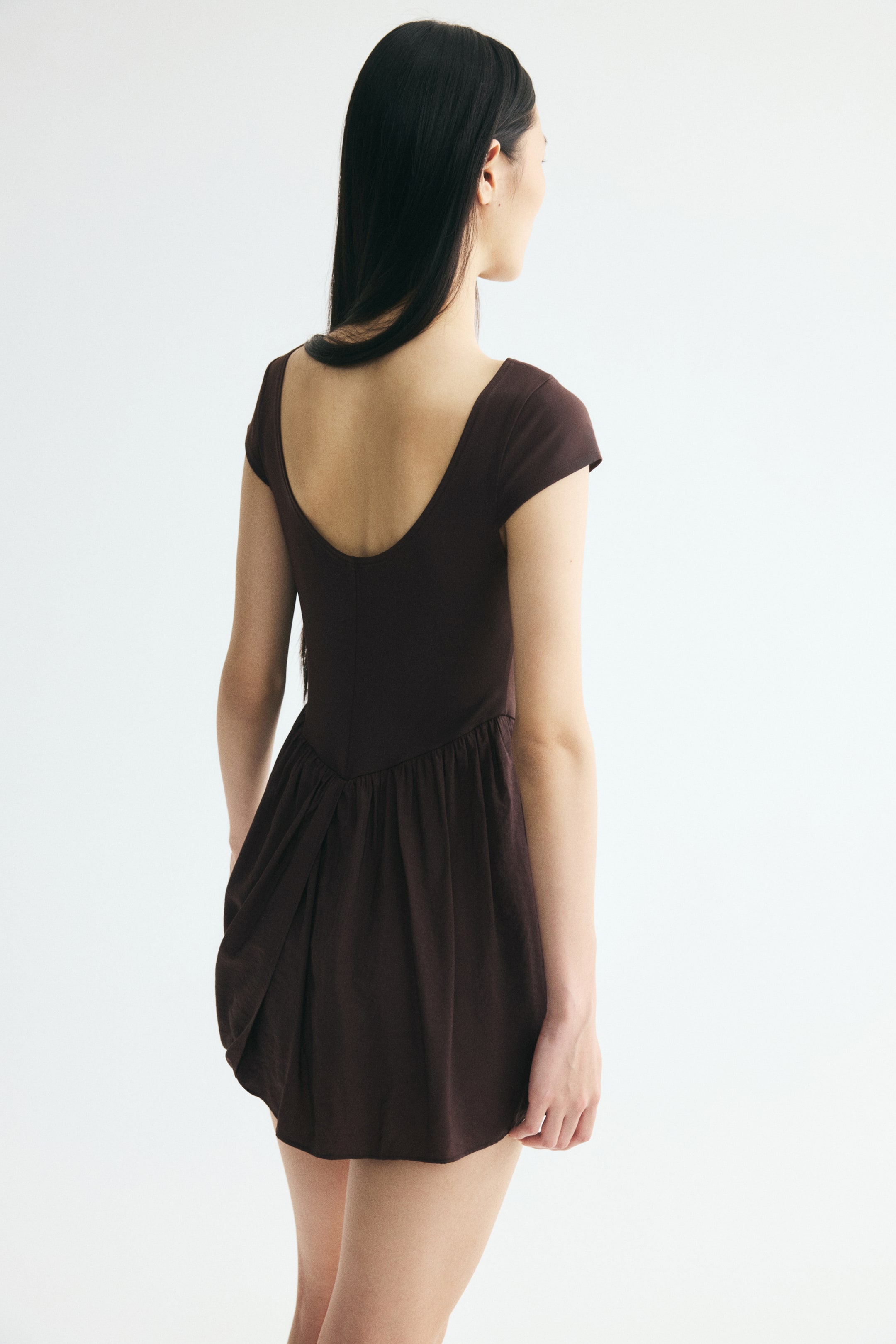 Dual-Fabric Draped-Panel Dress
