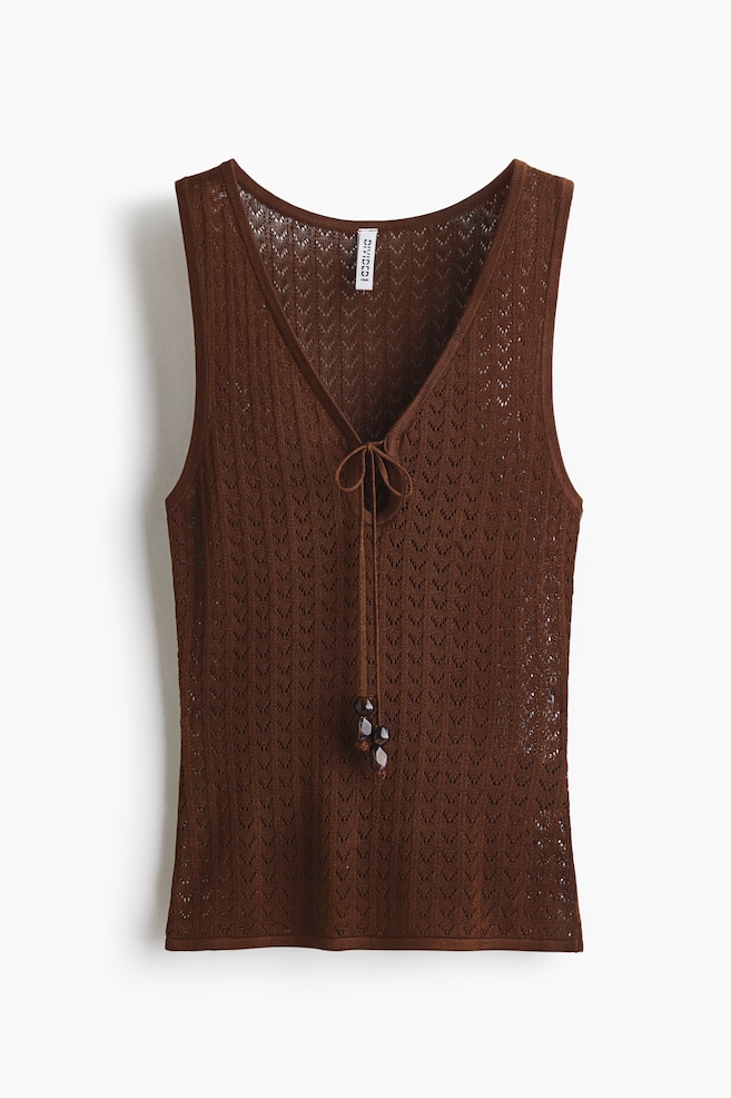 Pointelle-Knit Tie-Detail Top - Dark brown/Light beige/Olive green - 1
