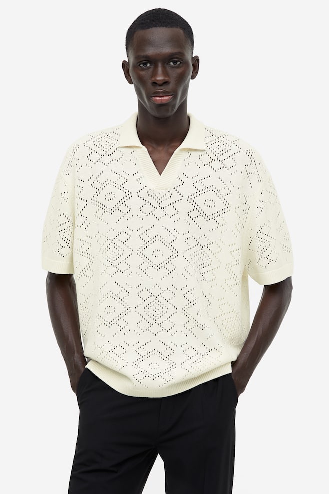 Relaxed Fit Crochet-look polo shirt - Cream/Black - 1
