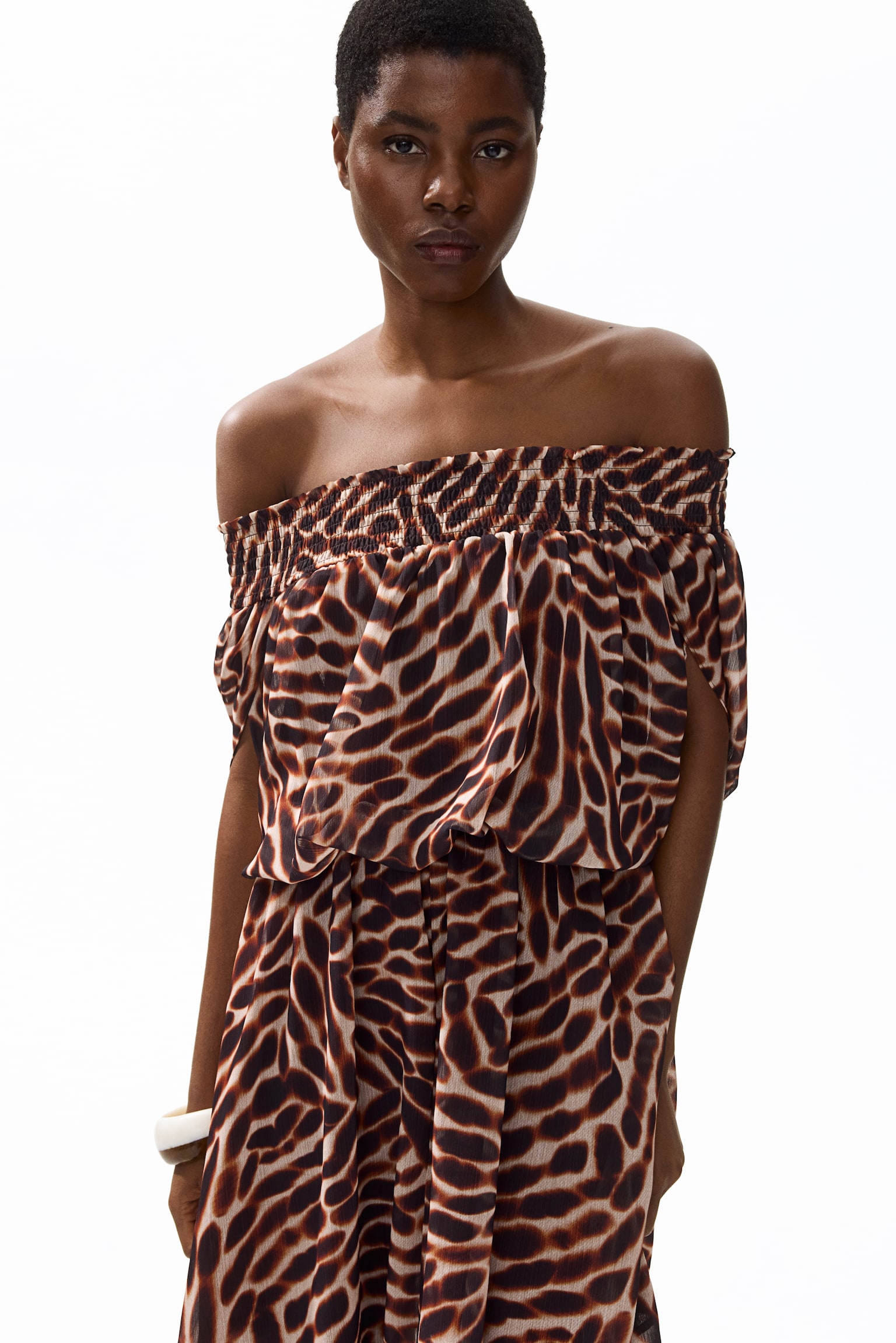 Off-the-shoulder chiffon dress - Dark brown/Patterned - 1