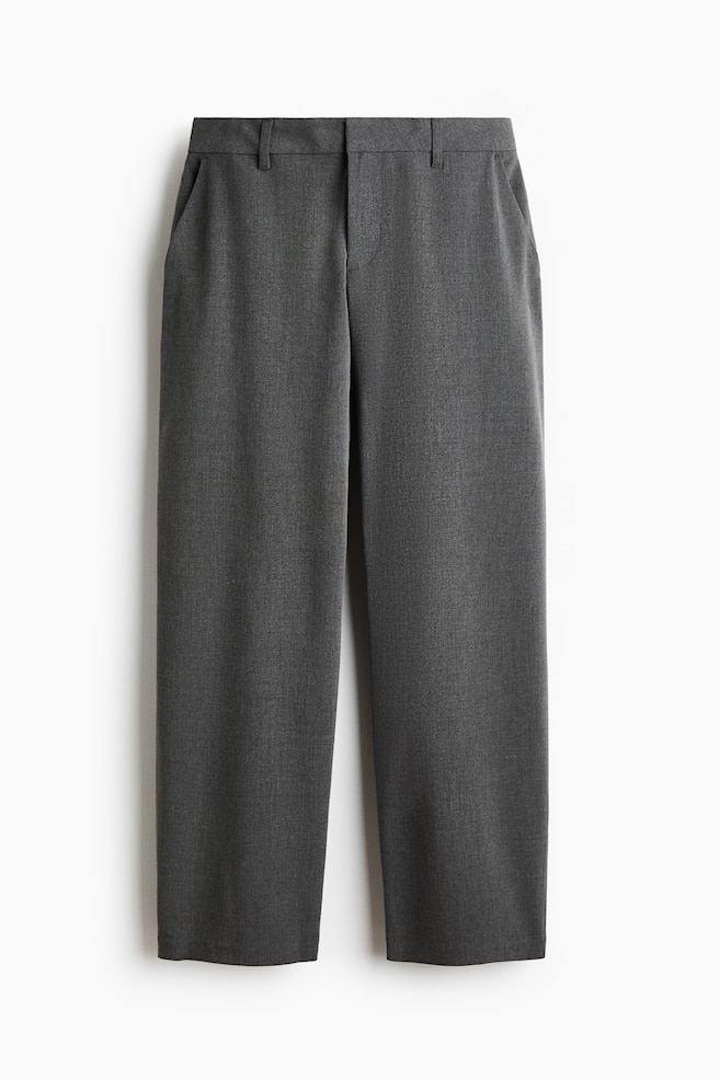 Dark grey trousers are displayed from the front, featuring a flat waistband with belt loops and slanted side pockets. The trousers show straight legs and a plain hem. - 1