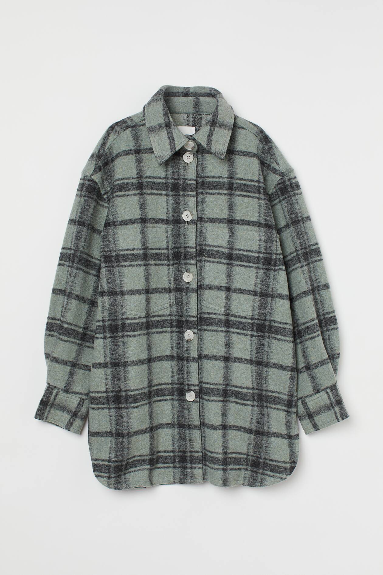 Felted shacket - Long sleeve - Regular length - Green/Black checked ...