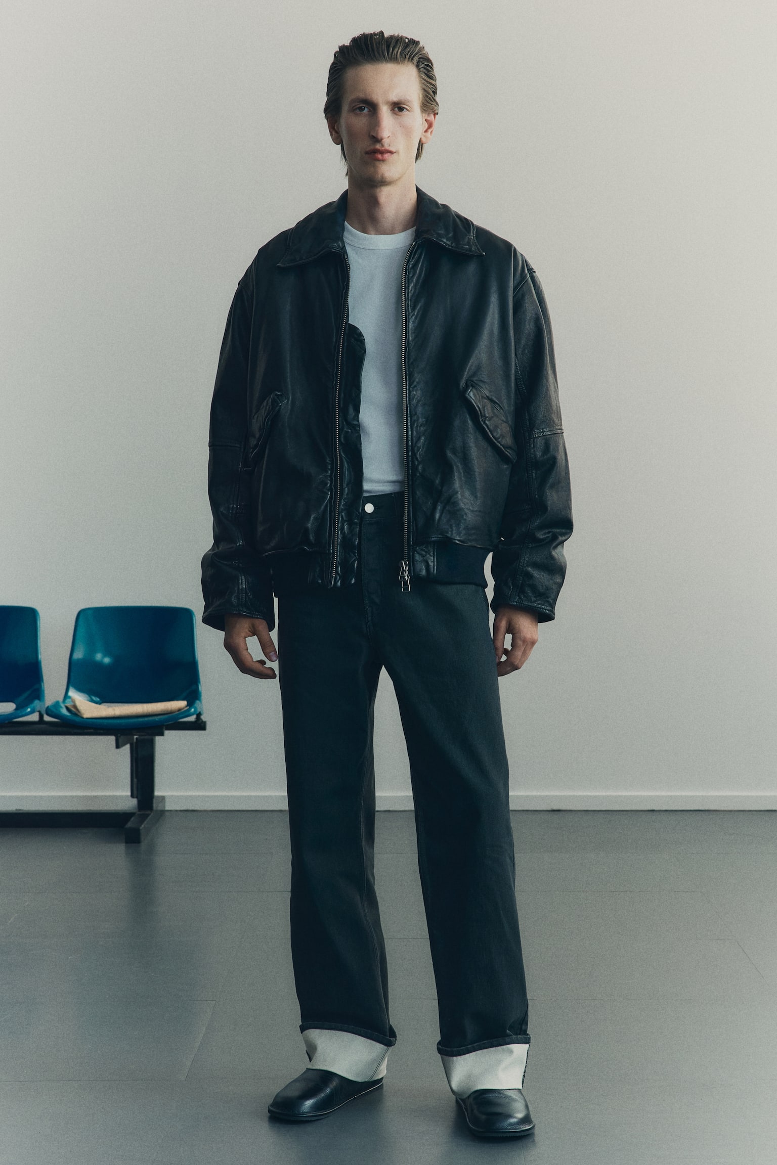 寬鬆剪裁真皮飛行外套 - 黑色 - 6