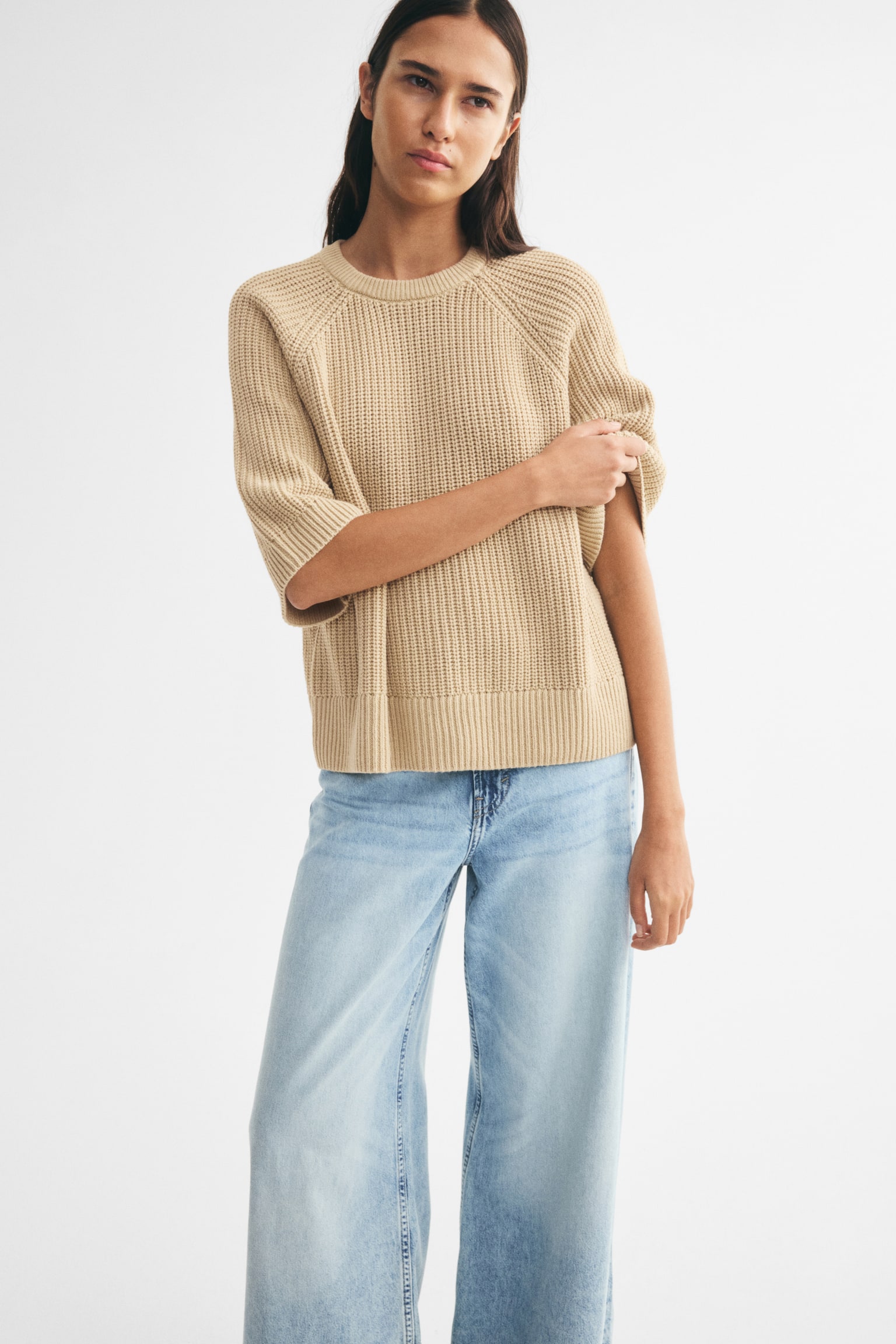 Женская футболка H&M Oversized Rib-Knit, цвет: Бежевый — фото 3