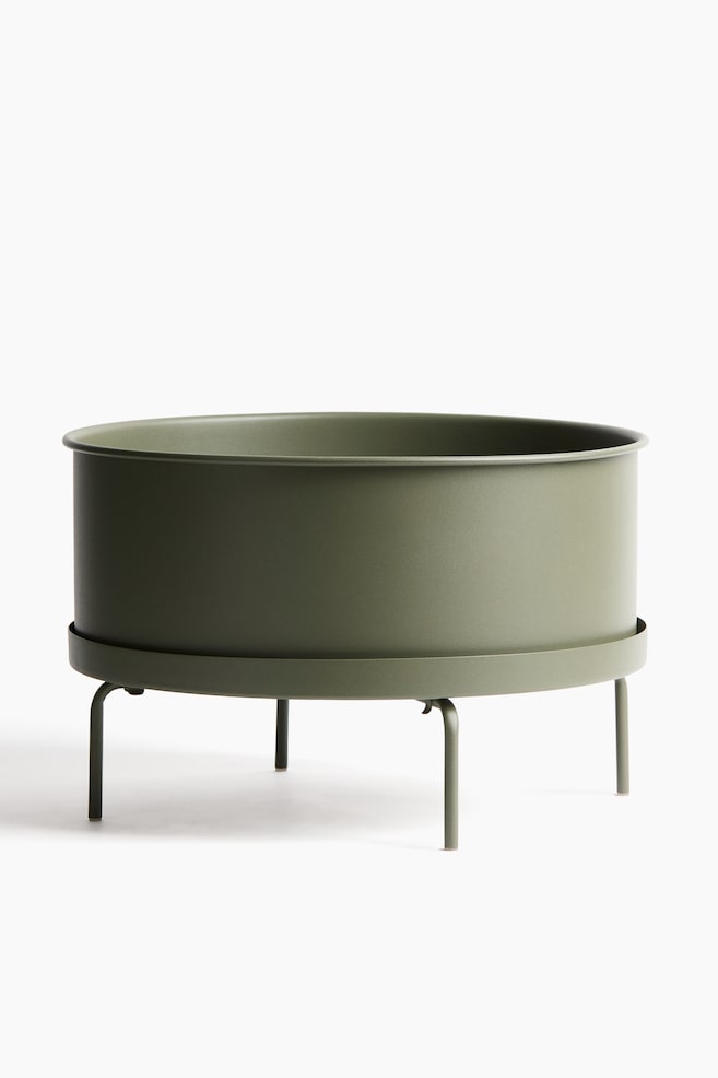 Wide Plant Pot with Stand - Olive green/Light beige - 1