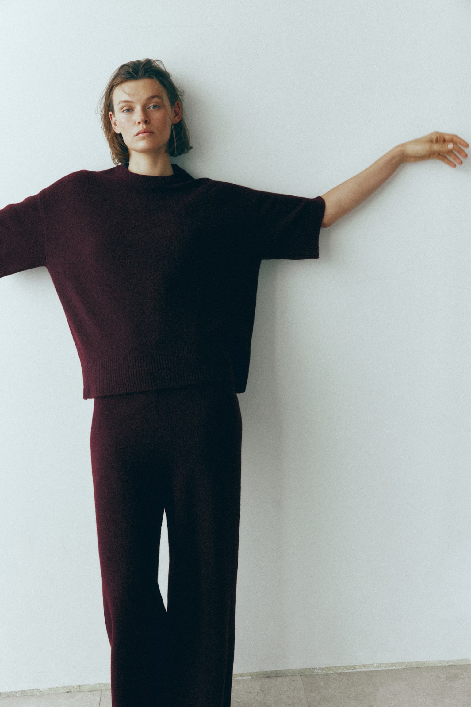 Knitted T-shirt - Burgundy/Light beige/Navy blue/Mole marl - 1