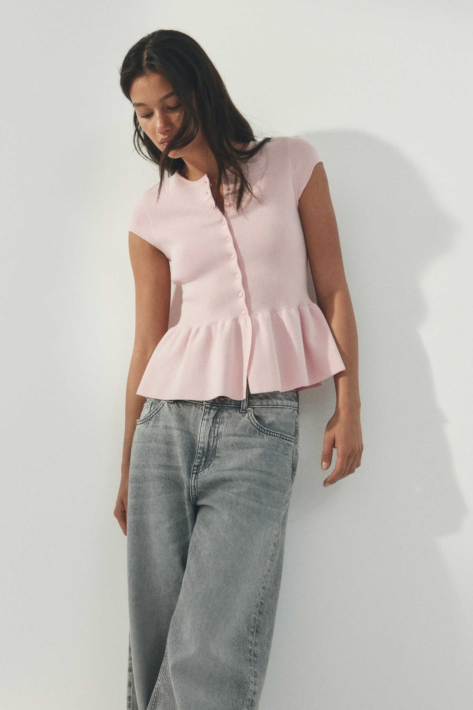 Short-sleeved peplum cardigan - Light pink/Burgundy/Black/White striped/Cream/Striped - 6