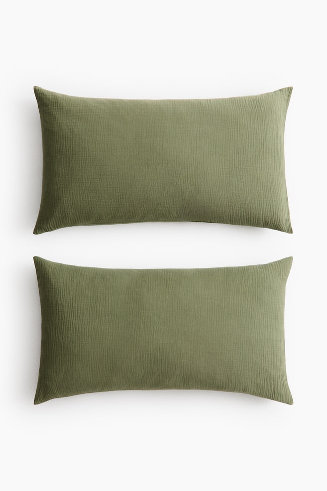 2-Pack Cotton Muslin Pillowcases - Green/Light taupe - 1
