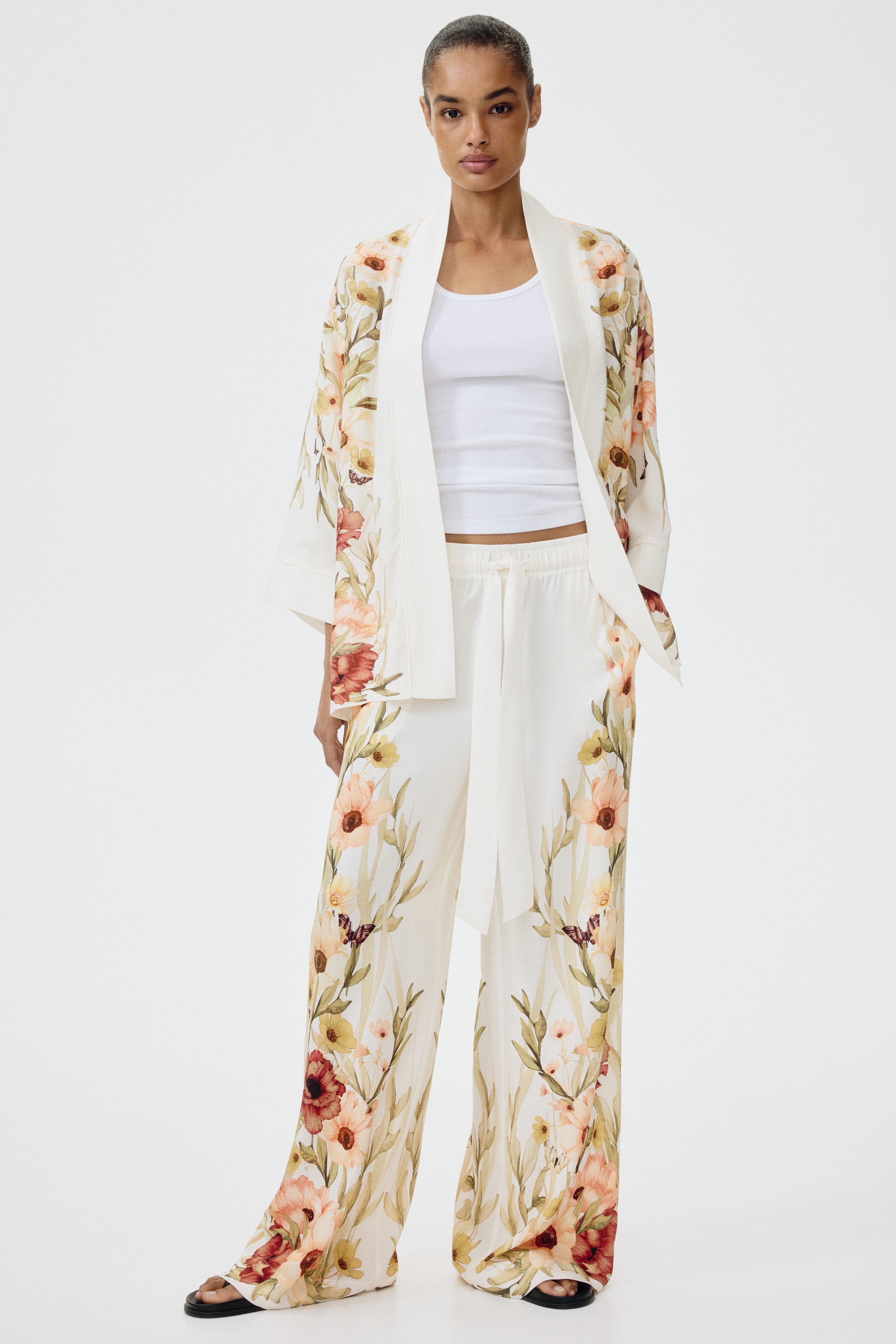 Broek van viscose met drawstring - Roomwit/bloemen