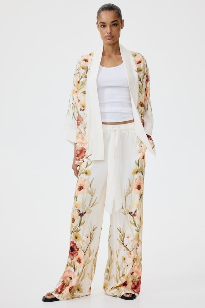 Viscose drawstring trousers - Cream/Floral - 1
