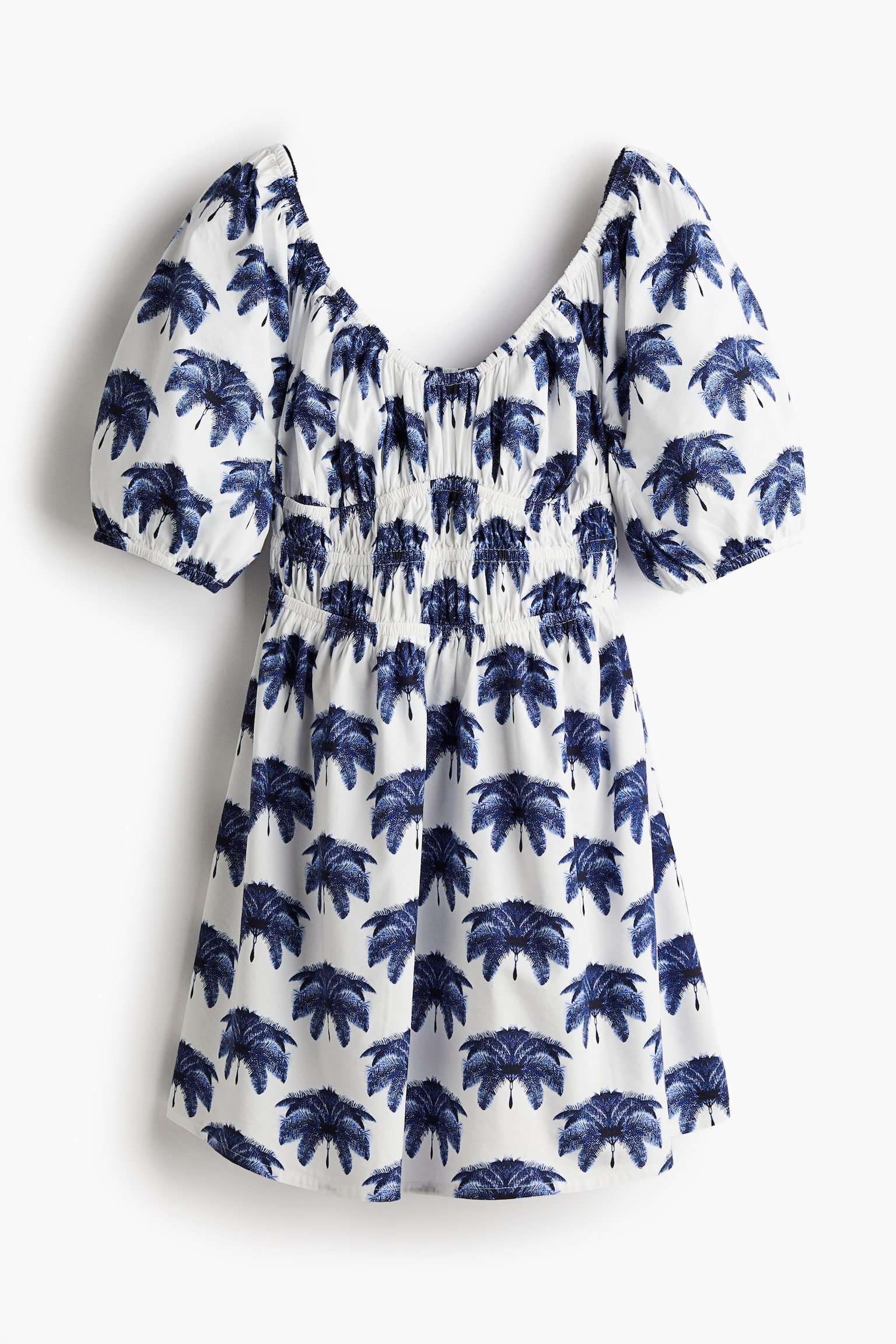 Smock Waist Dress - White/Blue pattern - 2