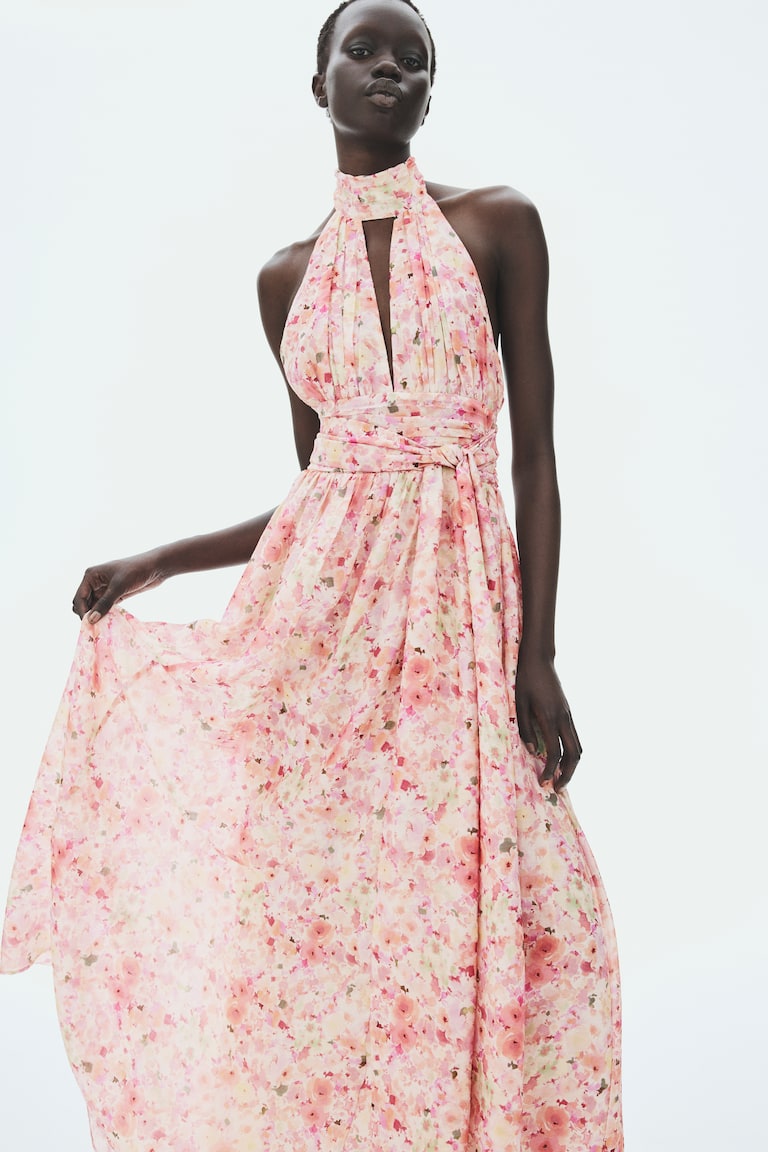 pink floral halter dress A Line Maxi Hot Cocktail dresses Smooth floral Dandelions Halter Maxi Dress |