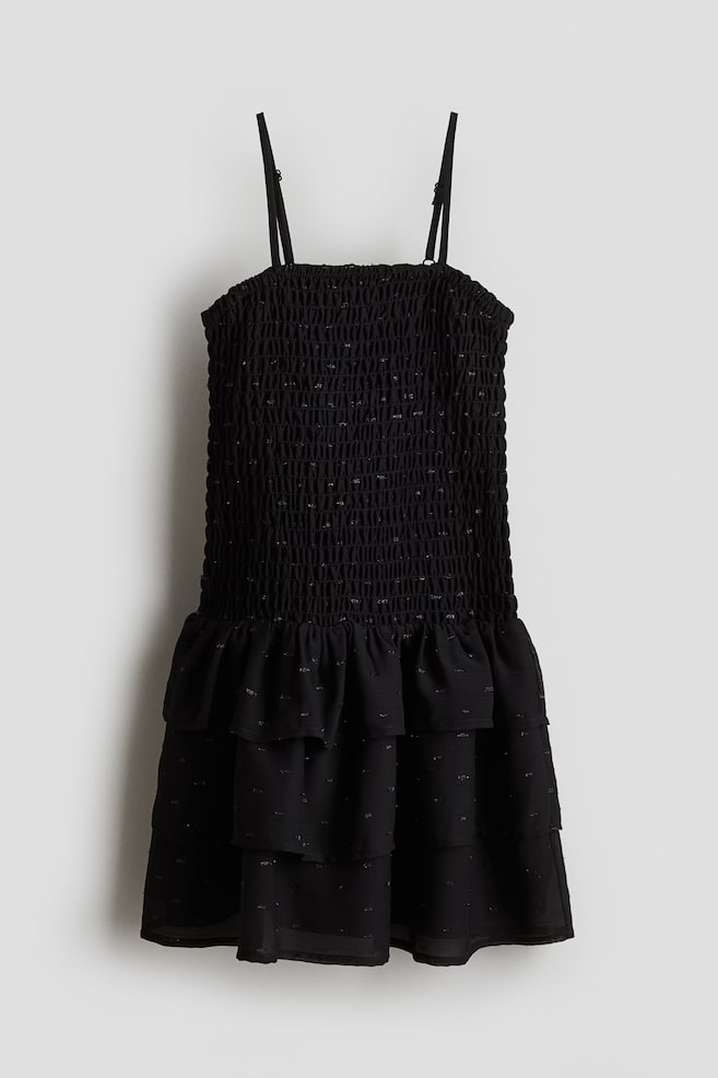 Smocked flounce dress - Black/Dark red - 1