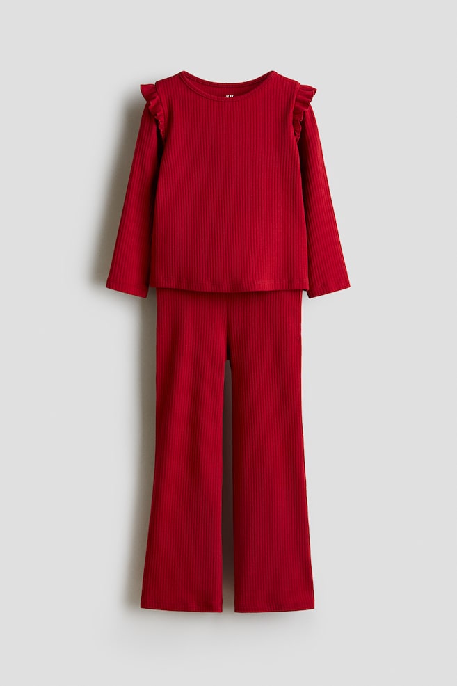 2-Piece Ribbed Cotton Set - Red/Light pink - 1