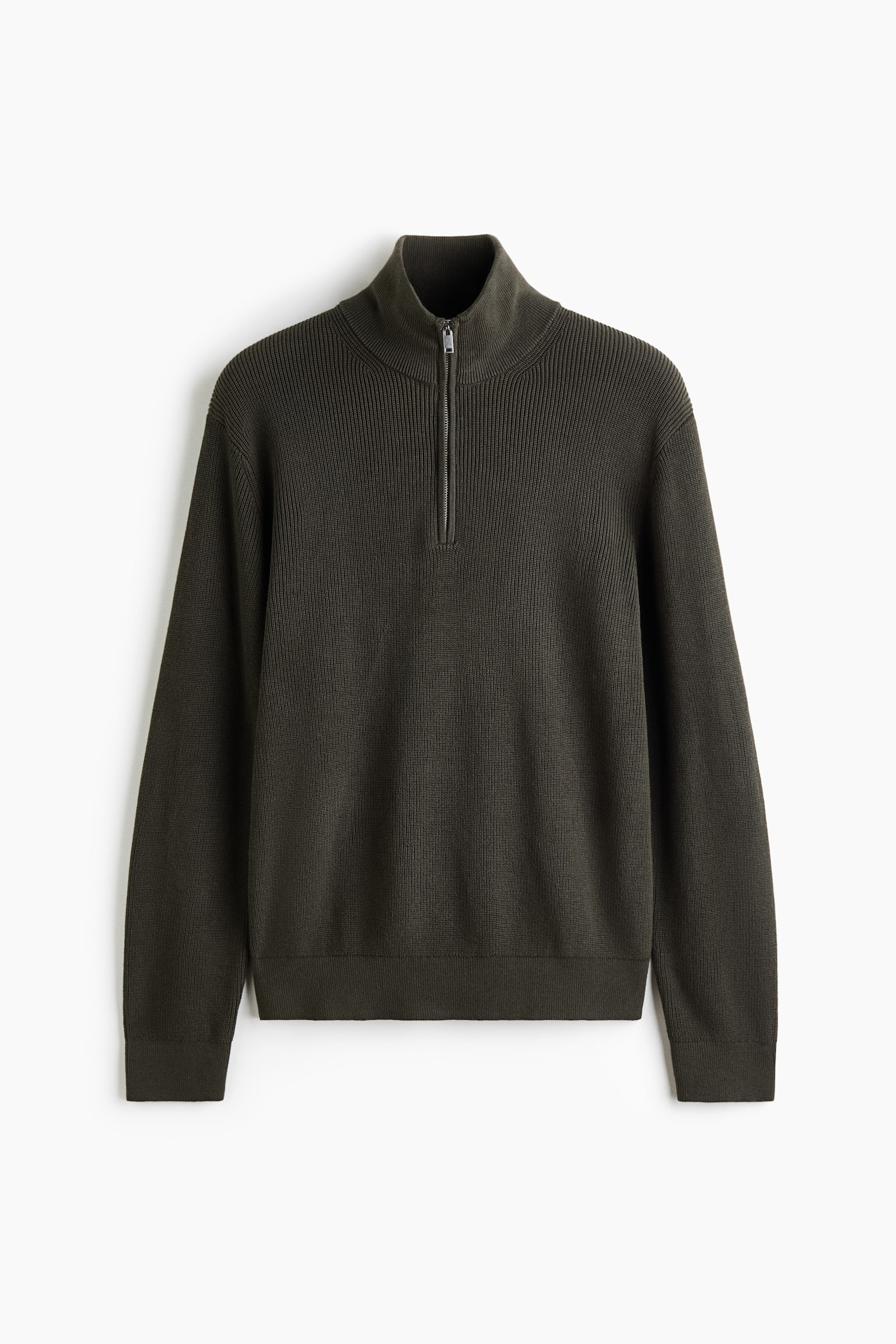 A dark olive green rib-knit sweater is shown in a front-facing view, featuring a stand collar with a silver-tone half-zip closure. The long-sleeve sweater has a straight hem, with fine ribbing at the collar, cuffs, and hem. - 1