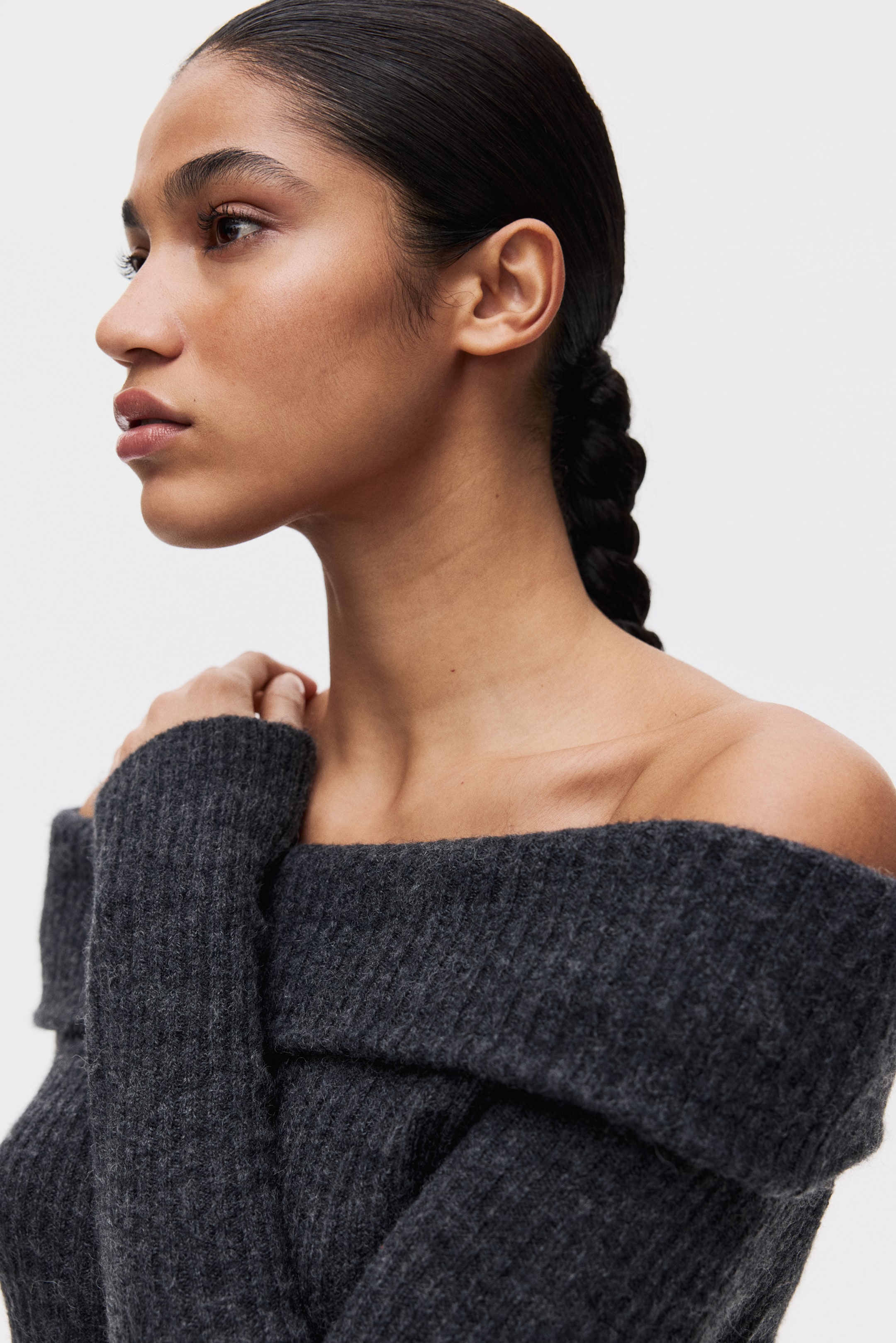 הצגת תמונה גדולה יותר: שמלת ריב עם כתפיים חשופות - אפור כהה מלאנז' - Ladies | H&M IL 4